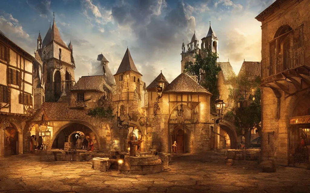 Prompt: at the square of a medieval french village, with a spaceship hovering, a well in the center, arches, orange light, highly detailed, cinematic lighting, render, fantasy