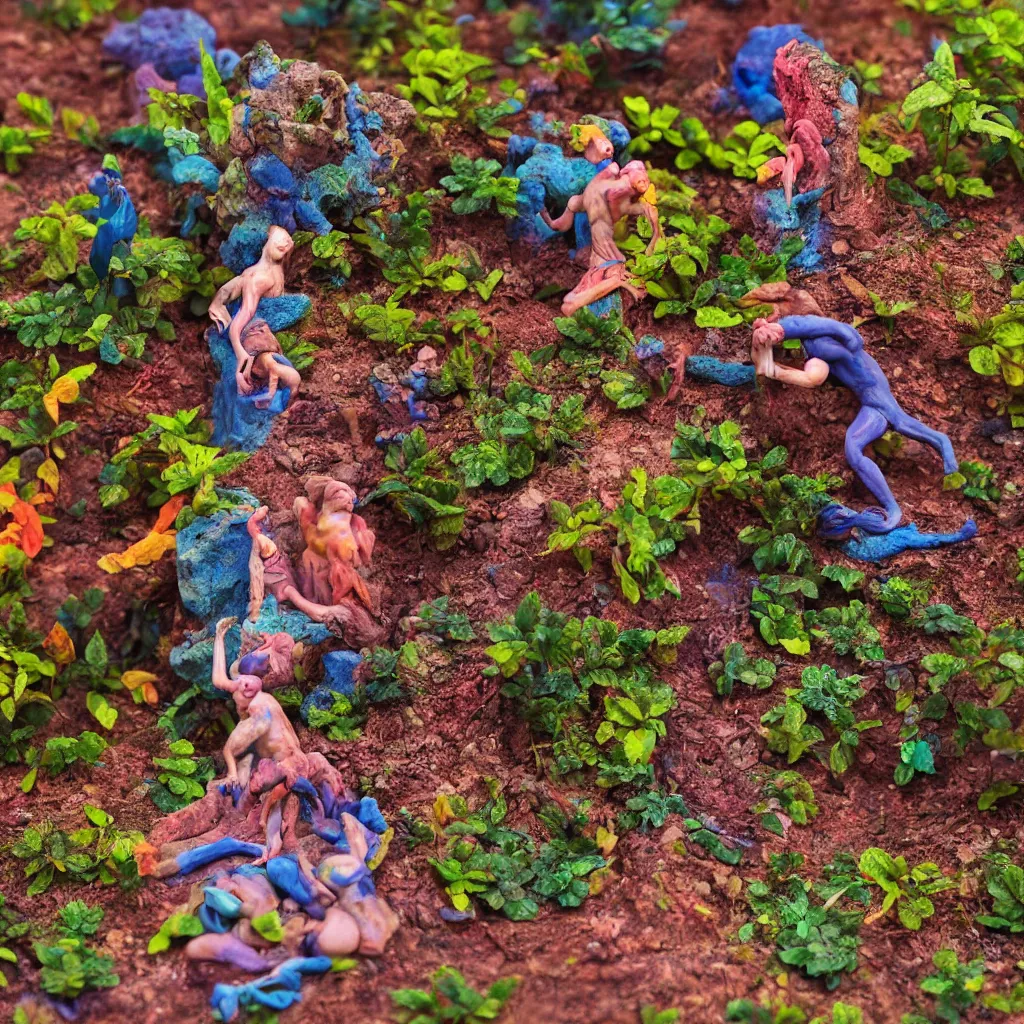 Prompt: detailed plasticine god in the garden of eden, sunlit, camera angled dramatically, psychedelic photograph, depth of field