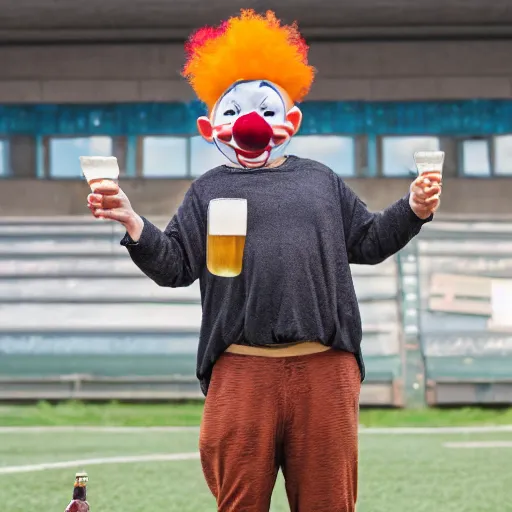 Image similar to silly little grumpy man clown with a beer in front of a soccer match