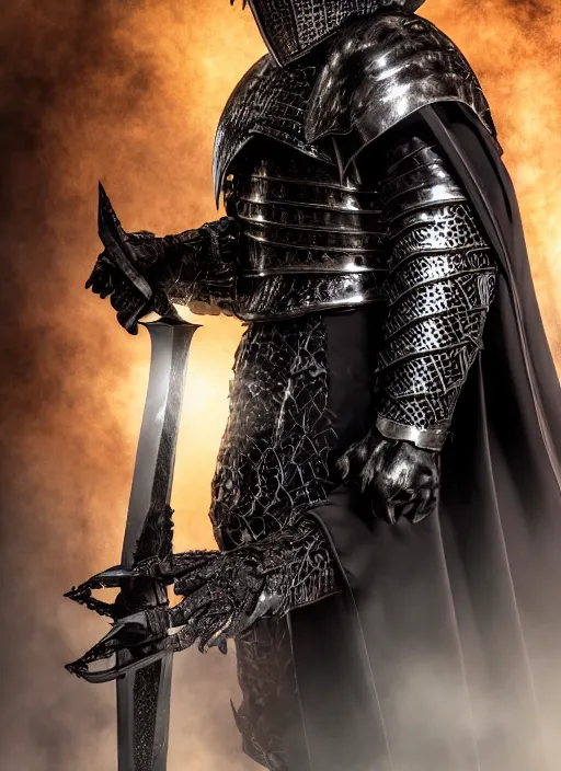 Prompt: portrait of gothic knight wearing black dragon helmet, holding gigantic berserk sword, detailed, realistic, studio lighting, warm light, mysterious background, shining metal, portrait photography