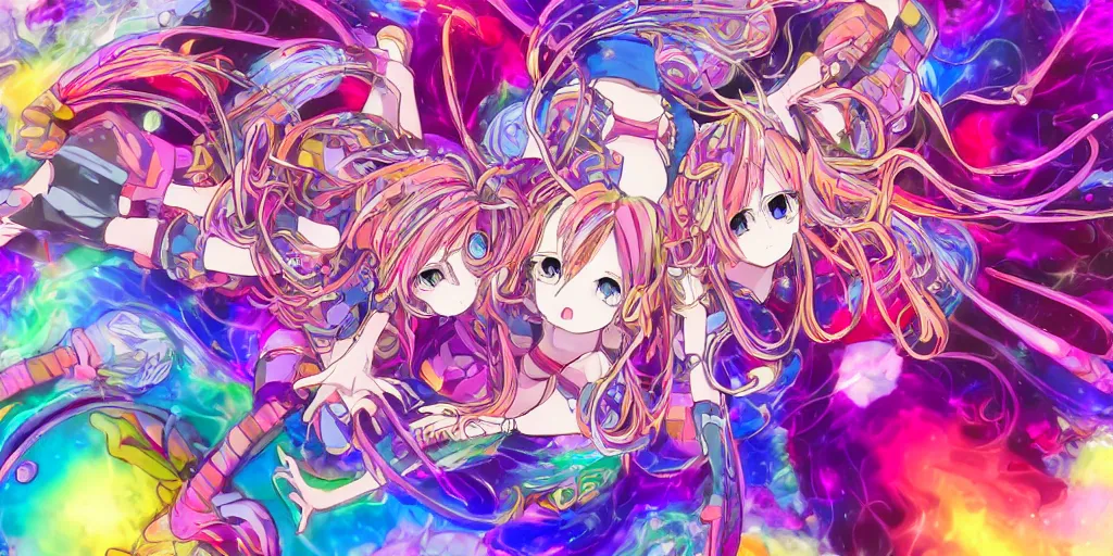Image similar to Dreamy psychedelic anime, extremely colorful, geometric, Madoka witch labyrinth, patchwork, photoshop, HDR, 4k, 8k, abstract, two anime girls standing within two raging colorful vortexes, detailed and cute faces on the anime girls, very cute and childlike, hugging, smiles and colors, floating feelings, stars as pupils, extremely detailed anime eyes
