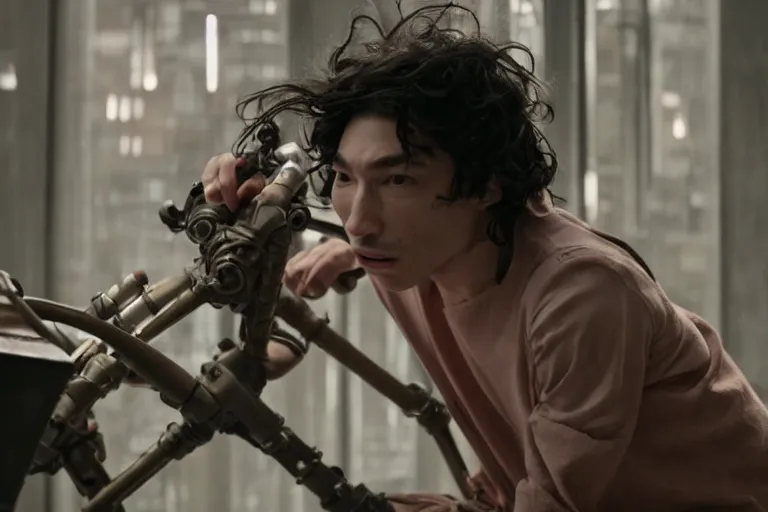 Prompt: a cinematic portrait of ezra miller fusing with a mechanical monstrosity, hyperdetailed, shinya tsukamoto, 8 k, hd, high resolution, 8 5 mm, f / 1. 8