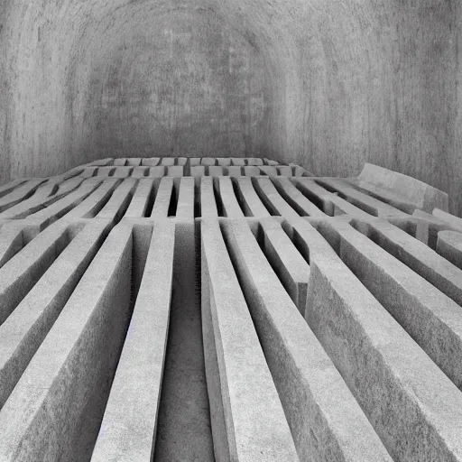 Prompt: abstract maze-like tunnel, photograph, polished concrete blocks placed around on top of the ground going from near to far