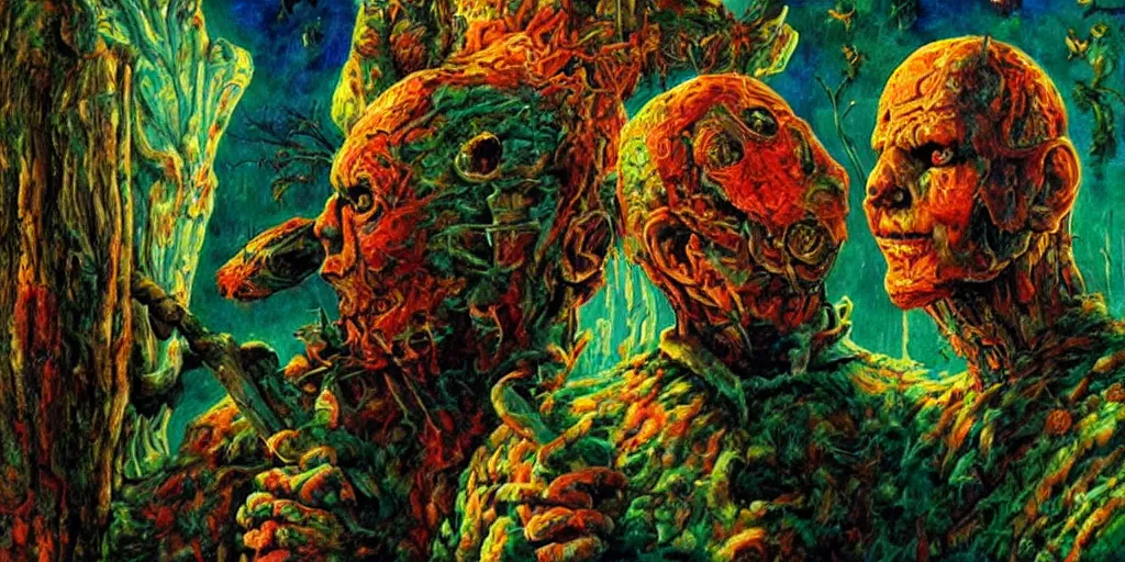 Image similar to a high detailed painting with many strange textures of Freddy Vs Jason psychedelic horror, surrealism, magical realism bizarre art