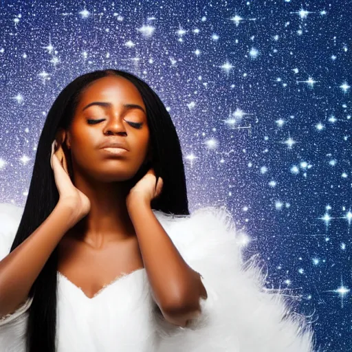 Image similar to a shoulder photo of a 2 0 years old black woman with completly long straight white brilliant hair, magical shiny white princess dress with bare shoulders, eyes closed, small waning crescent moon that shines. magic dark blue galaxy background lots of stars