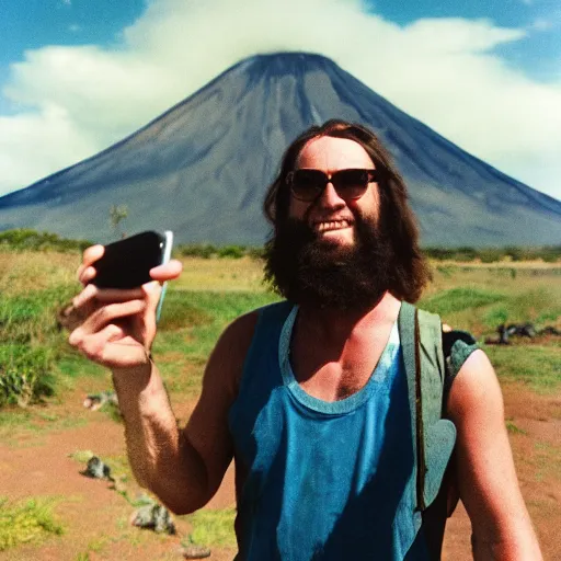 Prompt: caveman taking a selfie in front of a volcano with dinosaurs in the background, 3 5 mm film