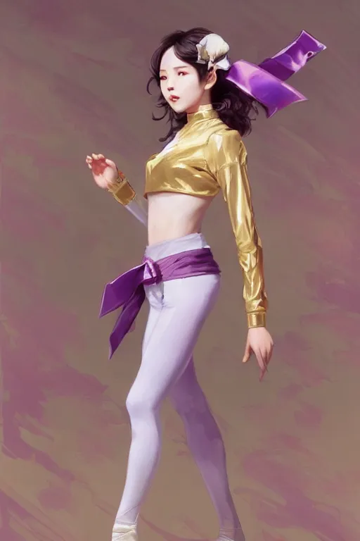 Prompt: Full View of Eunha from Viviz and gFriend with short hair wearing a purple military uniform and short puffy pants, white leggings, Golden Ribbon, and a billowy scarf. Rhythmic gymnastics poses, goddess. masterpiece 4k digital illustration by Ruan Jia and Mandy Jurgens and Artgerm and greg rutkowski, award winning, Artstation, art nouveau aesthetic, Alphonse Mucha background, intricate details, realistic, panoramic view, Hyperdetailed, 8k resolution, intricate art nouveau