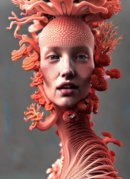 Prompt: intricate hyper detailed ultra sharp 3 d render biomechanical beautiful porcelain woman, close - up, sharp focus, studio light, iris van herpen haute couture coral flower cyberpunk headdress made of rhizomorphs, brackets, colorful corals, fractal mushrooms, puffballs, octane render, 8 k, ultra hd,