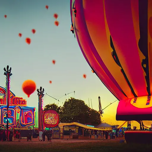 Prompt: a girl holding a balloon at a fairground. buildings with graffiti. dusk. photograph in the style of simon stalenhag