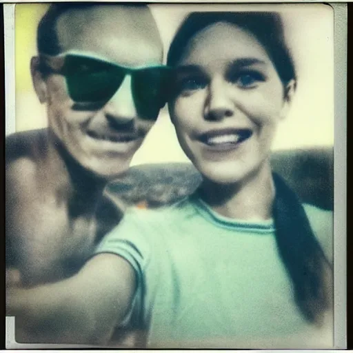 Image similar to two people taking the first sellfie with an alien , polaroid vintage effect