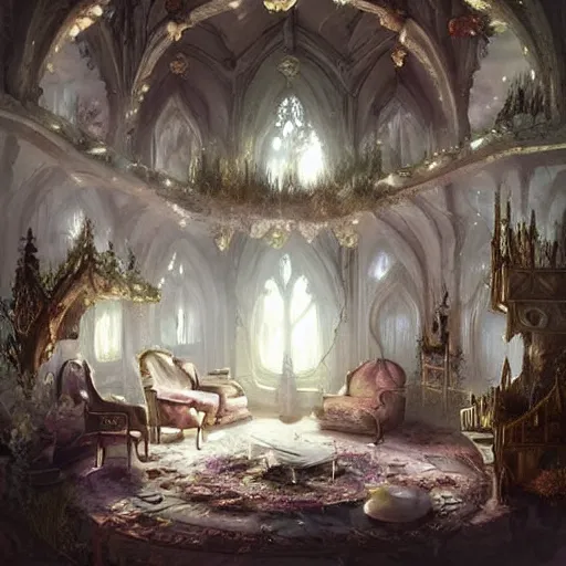 Prompt: a beautiful interior of a fairy castle's hall, wide angle, fully decorated, furnished with fairy furniture, fairy aesthetics, fairy lights, fairycore. concept art by greg rutkowski, elena dudina. high details, soft colour palette, dreamy