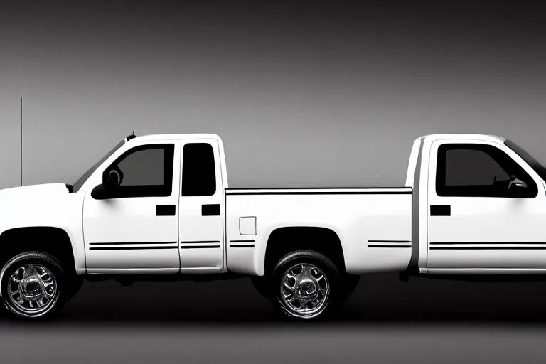 Prompt: closeup side photo of a fully stock white painted single cab 2 door long bed 2 0 0 3 silverado on a reflective black floor, hyper detailed, smooth, high contrast, volumetric lighting, golden ratio, octane, jim lee, giorgetto giugiaro, craig mullins, chris bangle, ian callum!, vibrant rich deep color