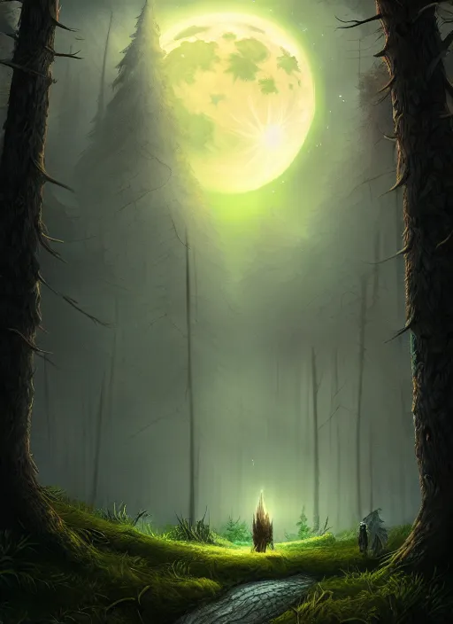 Prompt: fantasy book cover, full moon, fantasy forest landscape, sharp focus, illustration, highly detailed, digital painting, concept art, matte, masterpiece