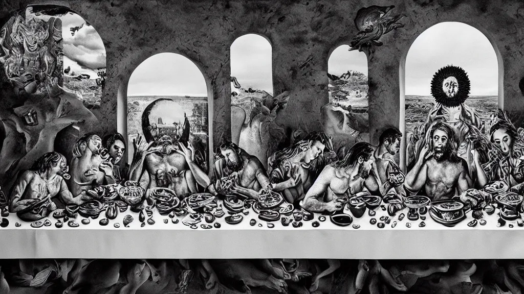 Prompt: the newest masterpiece of salvador dali inspired by dan hillier, it is called ; the last supper