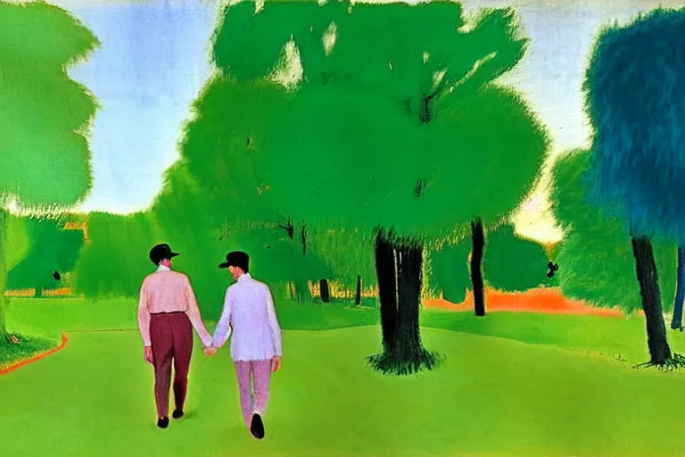 Prompt: a very tall man with dark hair holding the hands of a short young boy as they walk in a park on a bright beautiful colorful day. part in the style of an edgar degas painting. part in the style of david hockney