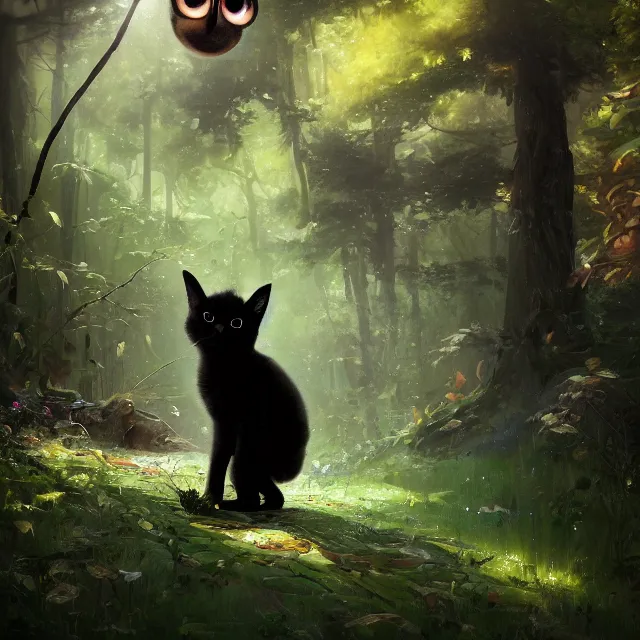 Image similar to a beautiful painting of a cute black kitten in a forest. big eyes. pixar character design by cory loftis, fenghua zhong, ryohei hase, ismail inceoglu and ruan jia. artstation, volumetric light, detailed, photorealistic, rendered in octane