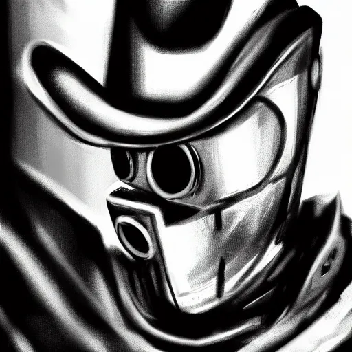 Image similar to portrait of noir robot detective, black and white digital art,