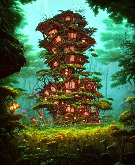 Image similar to a whimsical cabin made from robots, overgrown with huge exotic fungus, deep in the woods, by dan mumford, yusuke murata, makoto shinkai, ross tran, underwater, hellish, cinematic, unreal engine, cel shaded, featured on artstation, pixiv