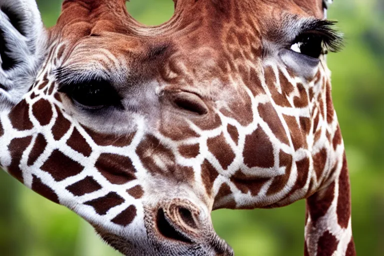 Prompt: ultra realistic nature photography, picture of ( subject : a giraffe with very short legs ). focus on the giraffe's head, extremely detailed picture, hyperrealistic jungle setting, sigma lens, 4 k