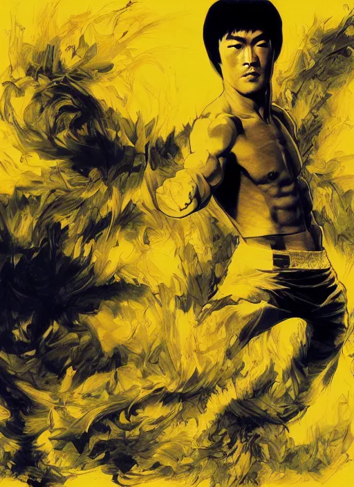 Image similar to bruce lee, yellow, spike aura in motion, floating pieces, painted art by tsuyoshi nagano, greg rutkowski, artgerm, alphonse mucha, spike painting