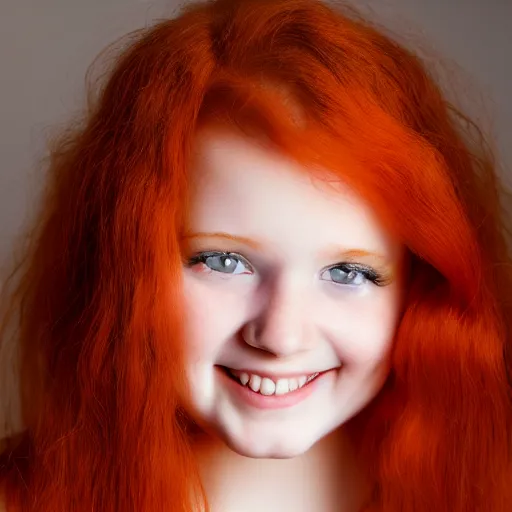 Prompt: artistic photo of a young beautiful girl with red hair looking at the camera, smiling slightly, studio lighting, award winning photo by Annie Liebowitz