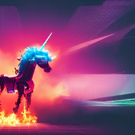 Prompt: a flaming, robotic unicorn, rearing up in front of an endless, digital space, surrounded by drones with cameras, synthwave, dslr photo