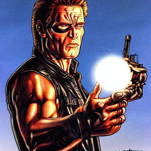 Prompt: The Terminator pondering his Orb by Todd Lockwood