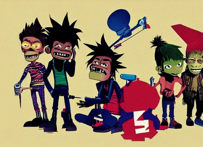 Image similar to gorillaz, official art by jamie hewlett, press shot, four characters in a line, gorillaz style