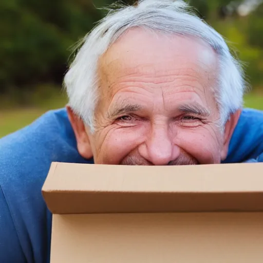 Image similar to an smiling old man hiding in a box