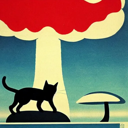 Image similar to A bauhaus poster of a cat watching a mushroom cloud in the distance