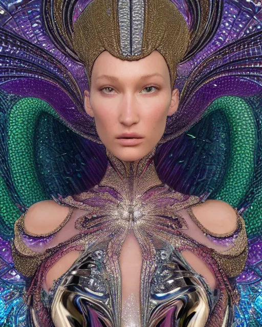 Image similar to a highly detailed metahuman 8 k close up render of bella hadid as alex grey art renaissance in iris van herpen dress schiaparelli in diamonds crystals swarovski and jewelry iridescent in style of alphonse mucha gustav klimt trending on artstation made in unreal engine 4