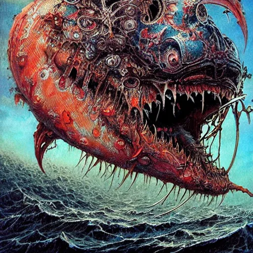 Prompt: realistic detailed image of flying angler fish creatures terrorizing a submarine by Ayami Kojima, Amano, Karol Bak, Greg Hildebrandt, and Mark Brooks, Neo-Gothic, gothic, rich deep colors. Beksinski painting, part by Adrian Ghenie and Gerhard Richter. art by Takato Yamamoto. masterpiece