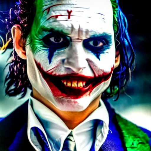 Image similar to stunning awe inspiring johnny depp playing the joker movie still 8 k hdr atmospheric lighting