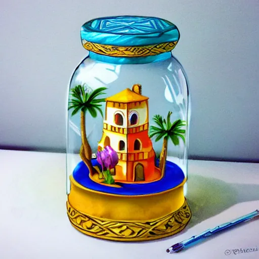 Image similar to a kingdom in a jar, beautiful stylised cartoon 3 d art