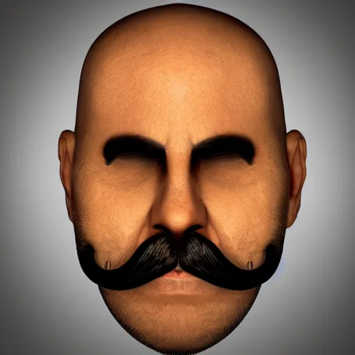 Image similar to human head with empty eye sockets, mustache and beard, backlit, realistic