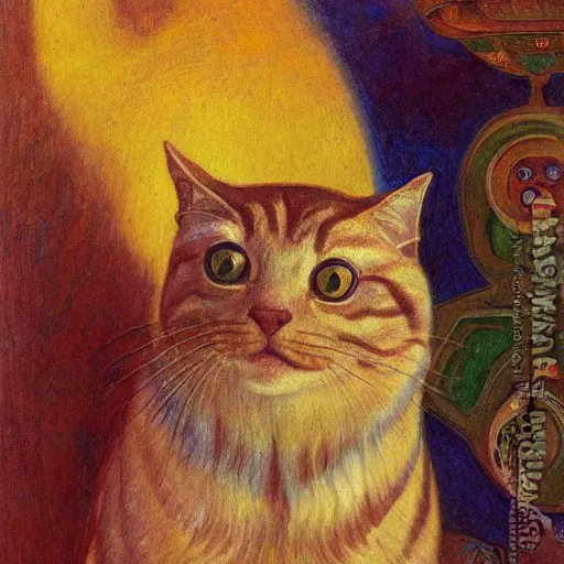 Prompt: masterpiece painting of a mechanical cloisonne cat head, by annie swynnerton and diego rivera and nicholas roerich and jean delville and janet fish, symbolist, dramatic lighting, god rays, art brut, rich colors, smooth, sharp focus, extremely detailed, adolf wolfli and ( donato giancola and bilibin )