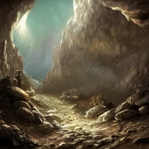 Image similar to beautiful matte painting of a cave with glowing crystals on the walls and bone piles on the floor, fantasy, sharp focus