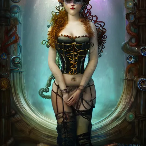 Image similar to photorealistic soft paint underwater render of a curiosities carnival with a single young beautiful doll in a full steampunk corset, multiples very long tentacles, symmetry accurate features, ominous depths, elegance, refractions, reflections, focus, rainbow lighting, very high details, award winning masterpiece, octane, artstation, squids, by tom bagshaw