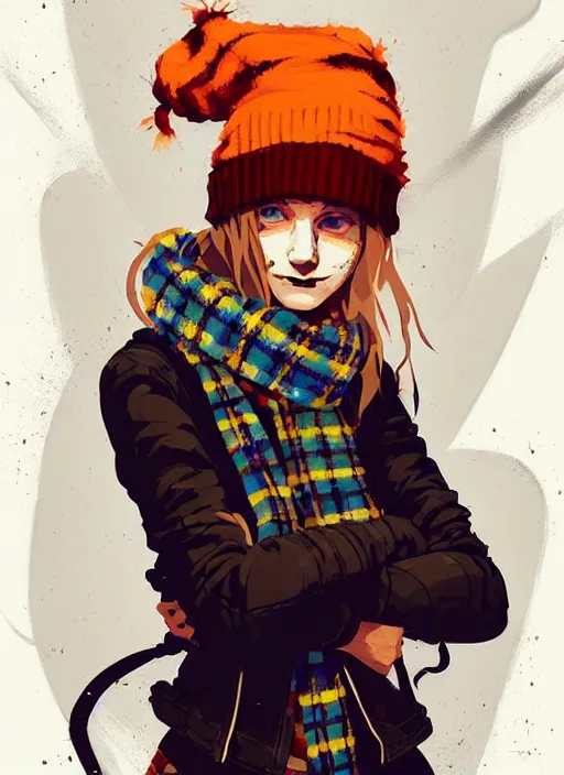 Prompt: highly detailed portrait of a sewer punk lady student, beanie, tartan scarf, wavy blonde hair by atey ghailan, by greg rutkowski, by greg tocchini, by james gilleard, by joe fenton, by kaethe butcher, gradient, orange, black, brown and cream color scheme, grunge aesthetic!!! white graffiti tag wall background