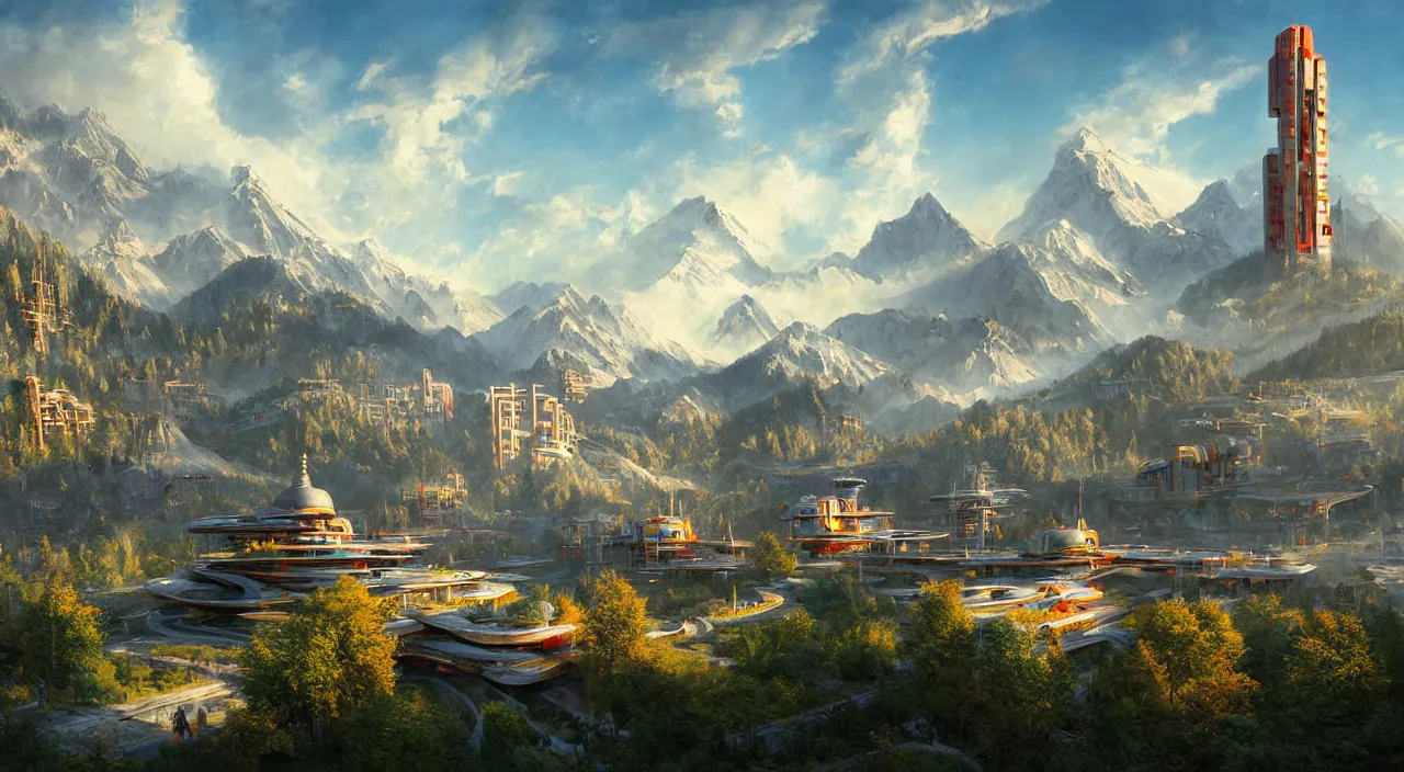 Image similar to futuristic sci-fi city under Kashmir mountains, mosques made of wood in ornate style, and hill valley grec greeble glory island little wood bridge painting of tower, maple with red leaves, and cottages ivy plant in marble late afternoon light, wispy clouds in a blue sky, by frank lloyd wright and greg rutkowski and ruan jia