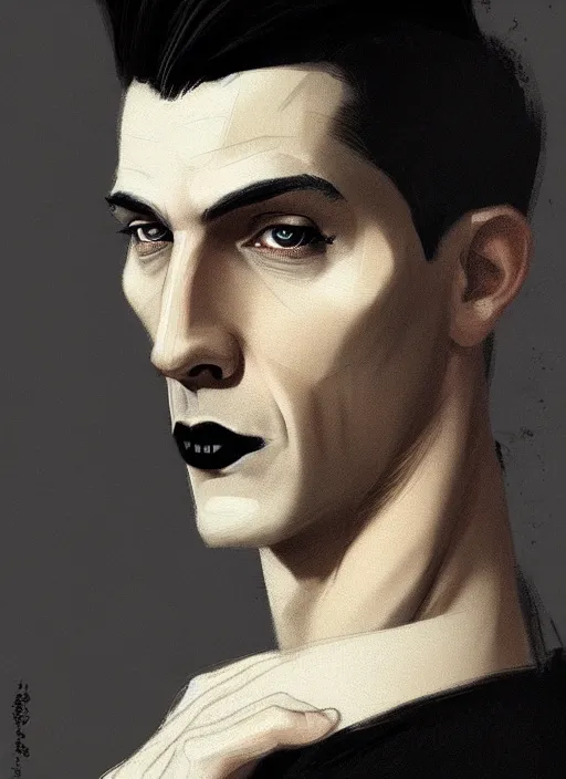 Image similar to portrait of a man with a broad face and a crooked nose and a confident expression, 1 9 6 0 s, black clothes, goth, punk, funk, intricate, elegant, highly detailed, digital painting, artstation, concept art, smooth, sharp focus, illustration, art by wlop, mars ravelo and greg rutkowski