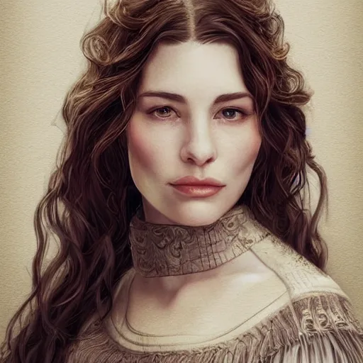 Image similar to 8 5 mm f 1. 8 portrait of a girl that is a mixture between liv tyler and carice van houten, she is about 2 5 years old, long curly hair, very tall and slender, she is wearing a elven robe, highly detailed, digital painting, artstation, concept art, smooth, sharp foccus ilustration, artstation hq