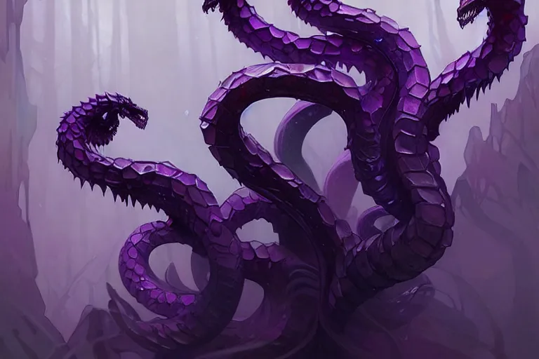 Prompt: concept art of a crystal hydra, d & d creature, by greg rutkowski and alphonse mucha, gradient black to purple, monoliths in a dark forest background, highly detailed, digital painting, artstation, concept art, smooth, sharp focus illustration, artstation hq