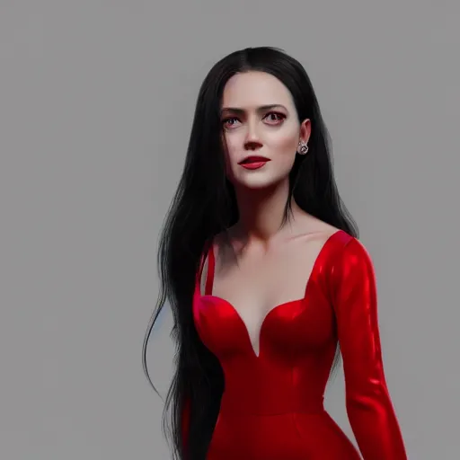 Prompt: portrait of a woman with long black hair and red eyes, wearing a red dress, 4k, detailed face, beautiful, octane render, dark lighting, artstation, high quality,