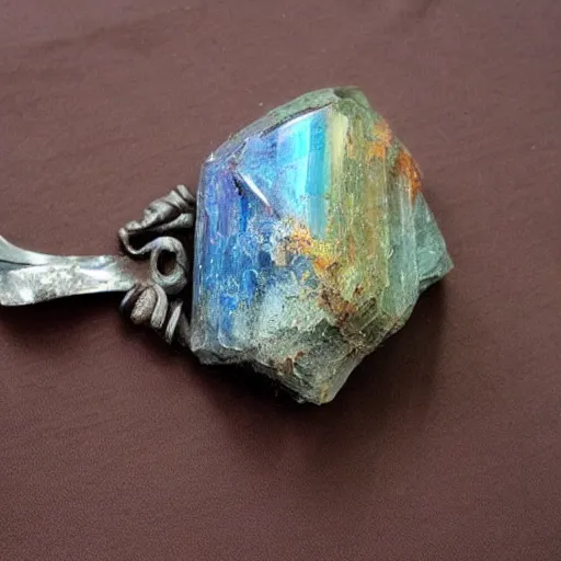 Image similar to 4 eyed crystal piece of metal, rough, deep gorgeous colors, ultra detailed