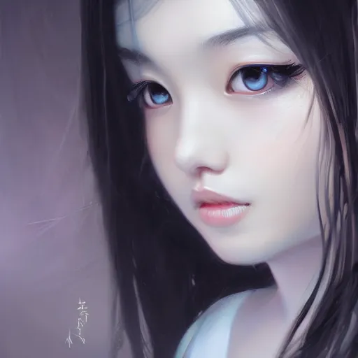 Prompt: Asian girl, watery black eyes, long wavy black hair, white veil, front closeup, highly detailed, centered, oil painting, artstation, concept art by Artgerm