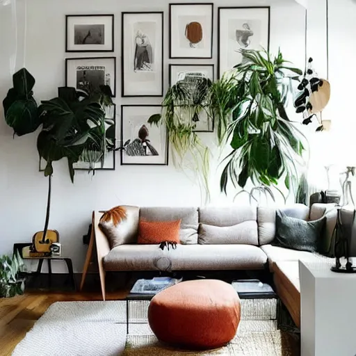 Image similar to living room interior design with style of japandi, light, ikea, warm wood, urban jungle plants, functional, music, art wall, music instruments, music records