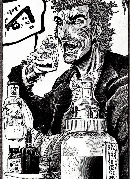 Image similar to portrait of a snake oil salesman offering you a bottle of serum formula, art by Kentaro Miura, it idn't greasy