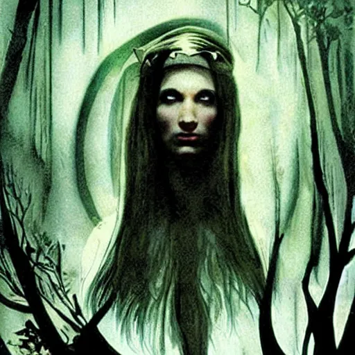 Prompt: a still from “ lord of the rings ” of a head and shoulders portrait of a female elf wizard, comic book cover photo by dave mckean