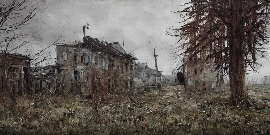 Image similar to painting by jakub rozalski of an abandoned post soviet town infested with root monsters